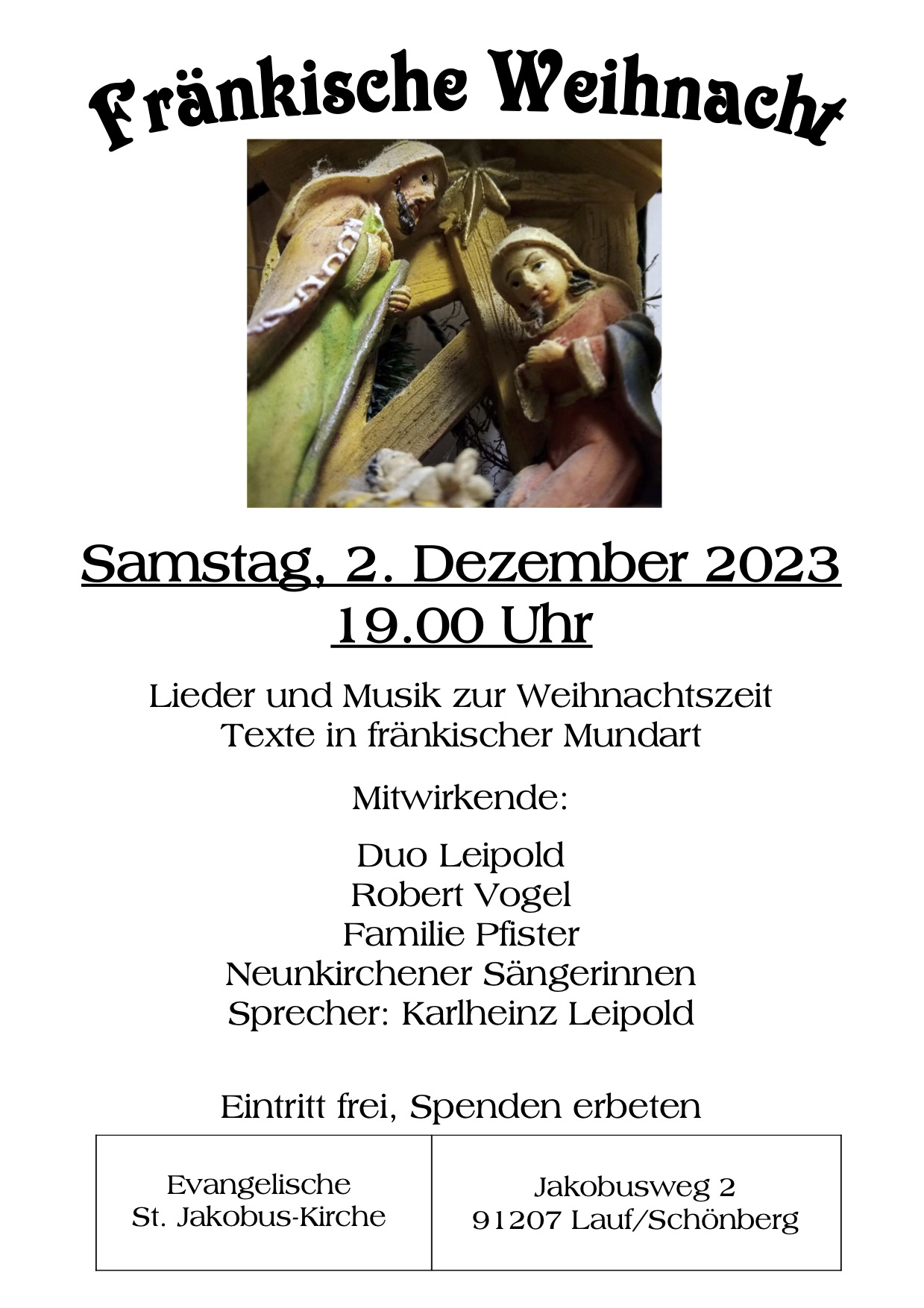 Einladung zur fränkischen Weihnacht am 2. Dezember um 19:00 Uhr in der Jakobuskirche
